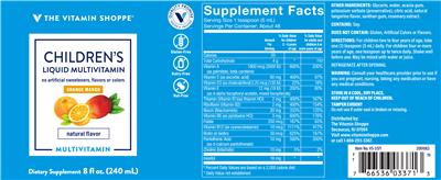 Photo of the The Vitamin Shoppe Children's Liquid Multivitamin Orange Mango label