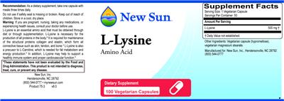 Photo of the New Sun L-Lysine label