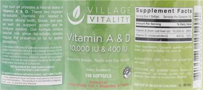 Photo of the Village Vitality Vitamin A & D 10,000 IU & 400 IU label