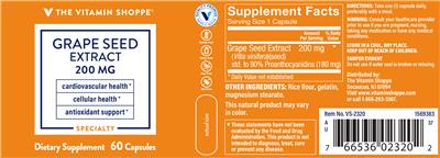 Photo of the The Vitamin Shoppe Grape Seed Extract 200 mg label
