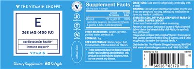 Photo of the The Vitamin Shoppe E 268 mg (400 IU) label