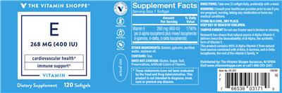 Photo of the The Vitamin Shoppe E 268 mg (400 IU) label