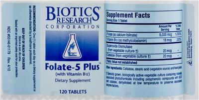 Photo of the Biotics Research Corporation Folate-5 Plus label