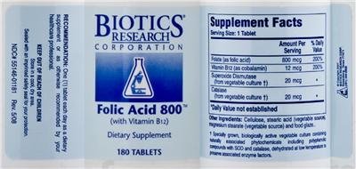Photo of the Biotics Research Corporation Folic Acid 800 label