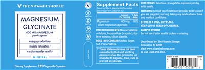 Photo of the The Vitamin Shoppe Magnesium Glycinate 400 mg label