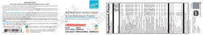 Photo of the XYMOGEN ActivNutrients without Copper & Iron Multivitamin Powder Natural Fruit Punch Flavor label