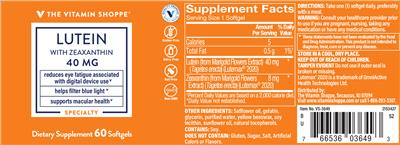 Photo of the The Vitamin Shoppe Lutein with Zeaxanthin 40 mg label