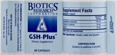 Photo of the Biotics Research Corporation GSH-Plus label