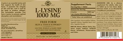 Photo of the Solgar L-Lysine 1000 mg label