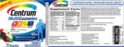 Photo of the Centrum Centrum MultiGummies Men Natural Cherry, Berry & Apple Flavors label