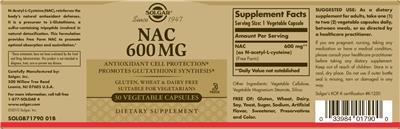Photo of the Solgar NAC 600 mg label