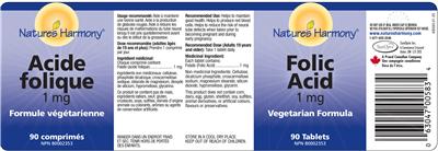Photo of the Nature's Harmony Folic Acid 1 mg label
