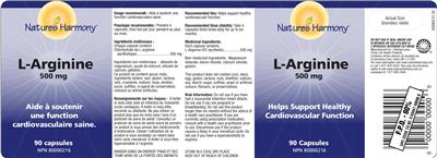 Photo of the Nature's Harmony L-Arginine 500 mg label
