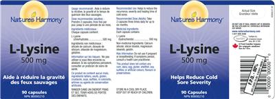 Photo of the Nature's Harmony L-Lysine 500 mg label
