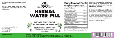 Photo of the Solgar Herbal Water Pill label