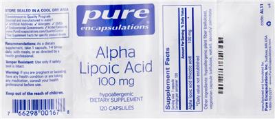 Photo of the Pure Encapsulations Alpha Lipoic Acid 100 mg label