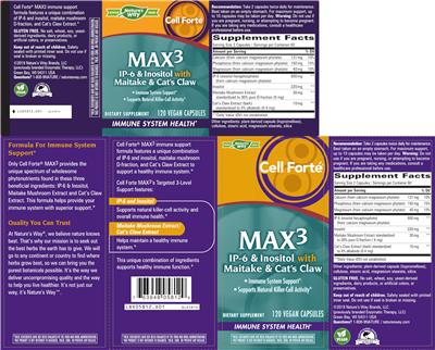 Photo of the Nature's Way Cell Forte Max3 IP-6 & Inositol With Maitake & Cat's Claw label
