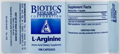 Photo of the Biotics Research Corporation L-Arginine label