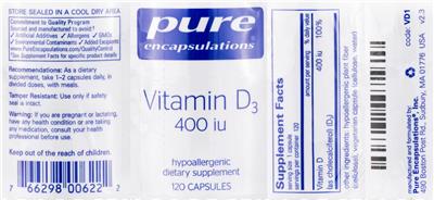 Photo of the Pure Encapsulations Vitamin D3 400 IU label