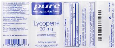 Photo of the Pure Encapsulations Lycopene 20 mg label