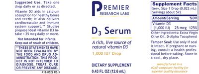 Photo of the Premier Research Labs D3 Serum label
