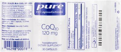 Photo of the Pure Encapsulations CoQ10 120 mg label