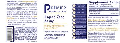 Photo of the Premier Research Labs Liquid Zinc Assay label
