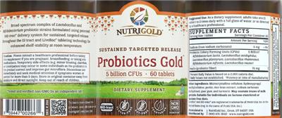 Photo of the NutriGold Sustained Targeted Release Probiotics Gold 5 Billion CFUs label
