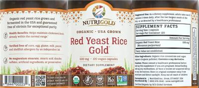 Photo of the NutriGold Red Yeast Rice 600 mg label