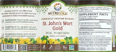 Photo of the NutriGold St. John's Wort Gold 300 mg label