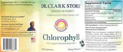 Photo of the Dr. Clark Store Chlorophyll 100 mg label