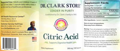 Photo of the Dr. Clark Store Citric Acid 590 mg label