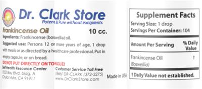 Photo of the Dr. Clark Store Frankincense Oil label