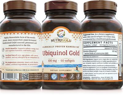 Photo of the NutriGold Ubiquinol Gold 100 mg label
