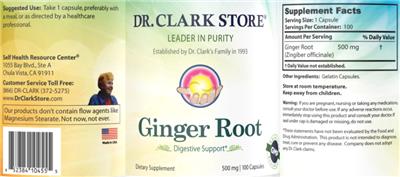 Photo of the Dr. Clark Store Ginger Root 500 mg label