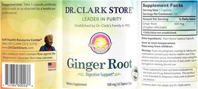 Photo of the Dr. Clark Store Ginger Root 500 mg label
