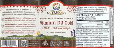 Photo of the NutriGold Vitamin D3 Gold 2,000 IU label