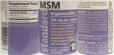Photo of the Standard Vitamins MSM 500 mg label