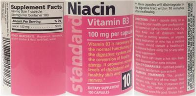 Photo of the Standard Vitamins Niacin 100 mg label