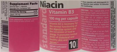 Photo of the Standard Vitamins Niacin 100 mg label