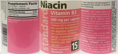 Photo of the Standard Vitamins Niacin 500 mg label