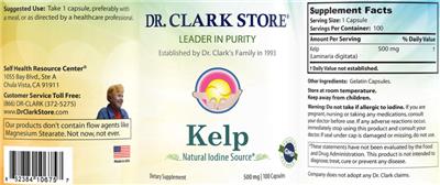 Photo of the Dr. Clark Store Kelp 500 mg label