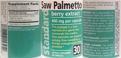 Photo of the Standard Vitamins Saw Palmetto Berry Extract 400 mg label