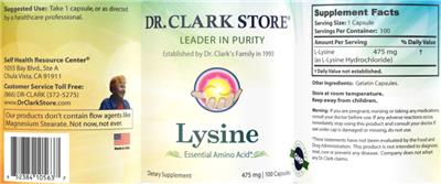 Photo of the Dr. Clark Store Lysine 475 mg label