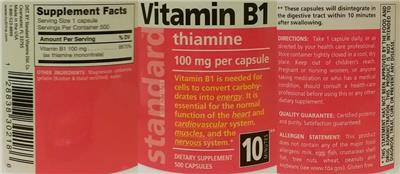 Photo of the Standard Vitamins Vitamin B1 100 mg label