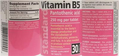 Photo of the Standard Vitamins Vitamin B5 250 mg label