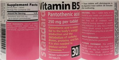Photo of the Standard Vitamins Vitamin B5 250 mg label