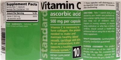 Photo of the Standard Vitamins Vitamin C 500 mg label
