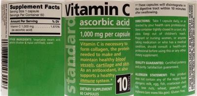Photo of the Standard Vitamins Vitamin C 1,000 mg label