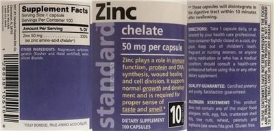 Photo of the Standard Vitamins Zinc Chelate 50 mg label
